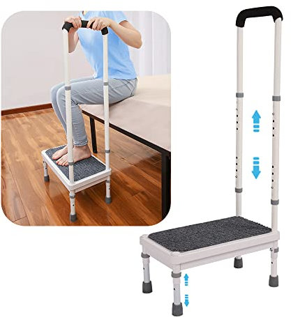 Step Stool with Handle for Elderly Medical Step Stools Seniors Handicap High Beds Mobility Platform Steel Foot Steps with Handrails Ramp Assist for Car, Bedside, Shower, Bathtub (400 LBS) (Gray, 45cm)