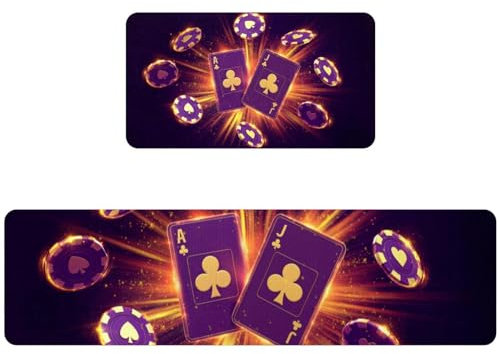 VAPOKF 2 Stück Küchenmatte Casino Blackjact Karte und Chips, rutschfest, waschbar, Bodenteppich, saugfähige Küchenmatte, Läufer Teppich für Küche, Flur, Waschküche