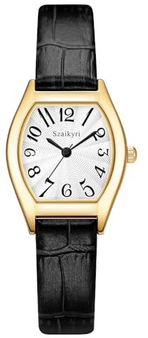 Szaikyri Rechteck Damenuhr mit Arabischen Ziffern Zahlen Damenkleiduhr Armbanduhr Damen (Black-Gold)