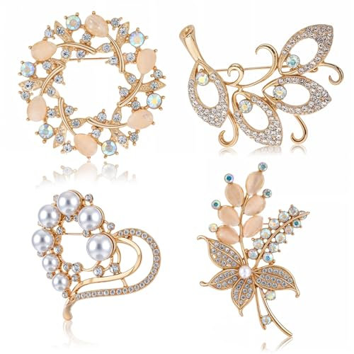 Andibro 4 Stück Broschen für Damen, Kristall Perle Blume Broschennadeln mit Strass Hochzeit Blumenstrauß Broschen Pin Gold Elegante Brosche Anstecknadel Clip Abzeichen für Schal Mantel Kleidung