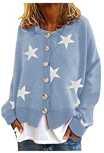 Veste Femme imprimé Étoile Tricot Doux Cardigan col Rond avec Boutons Ample Pull Hiver Chaud Chic Manche Longue Devant Ouvert Gilet Fantaisie Motif Mode Decontracte Manteau