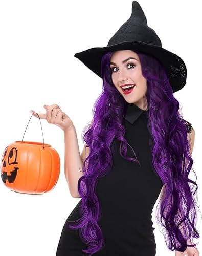 PORSMEER Set di Costume da Strega per Halloween - Cappello Nero Deluxe e Parrucca Viola per Cosplay, Feste e Donne
