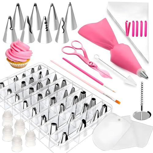 Set med tårtdekorationstips, spritspåsar och spritsmunstycken – tårtdekorationskit med 48 numrerade spritsmunstycken för småkakor, cupcakes och tårtdekoration (83 delar)