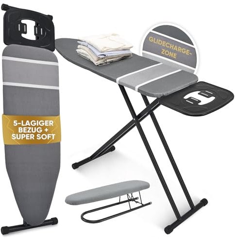 Avieto XXL Bügelbrett 124x47 cm für Dampfbügeleisen | 5-lagig, dampfdurchlässig, hitzereflectierend Alu-Beschichtung | GlideCharge Zone inkl Armbügler