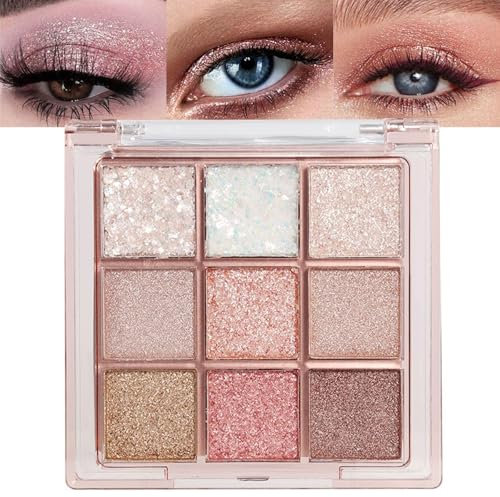 Lilbitty 1er Set 9 Farben Glitzer Lidschatten Palette, Langanhaltende Pigmentierte Augen Make-up Palette in Pink Weiß Gold Schimmer, Wasserfester Lidschatten für Frauen und Mädchen