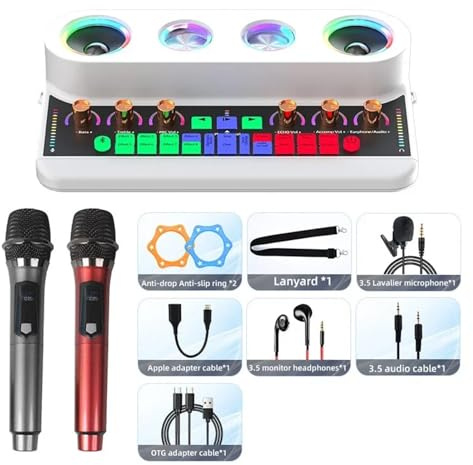 DJ-Controller Live Broadcast Sound Card Au-dio Integrated Machine Home KTV Device Colorful Change of Voice With Mic for Phone(S20 White Package 2)