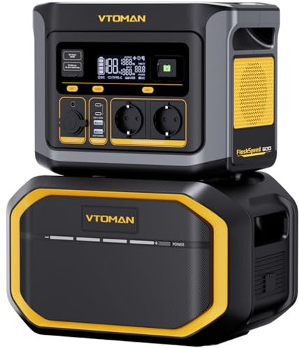 VTOMAN FlashSpeed 600 Tragbare Powerstation mit Zusatzbatterie - 2047Wh/600W (Spitze 1200W) Solargenerator LiFePO4 Akku, 100W USB-C/230VAusgang Schnellladeleistung für Wohnmobil, Camping, Notfälle