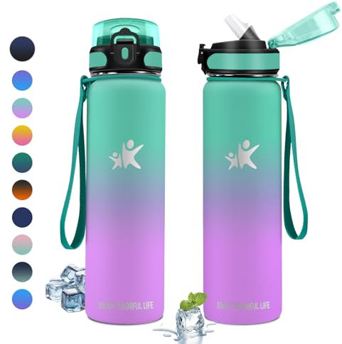 KollyKolla Bouteille Isotherme 1L, Gourde Sport avec Paille, Gourde Acier Inoxydable, Anti-Fuite, Bouteilles sans BPA, Réutilisable, Gourde Inox pour Camping, Enfant, Fille, Randonnée, Cyclisme