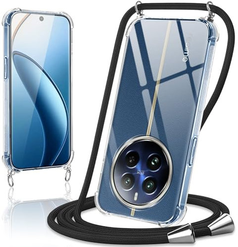 Coiwxmoi Funda con Cuerda para Realme 12 Pro/Realme 12 Pro Plus 5G 6,7,Carcasa Transparente Suave Silicona Case con Ajustable Colgante Collar Correa de Cuello Cadena Cordón Protección Cover,Negro
