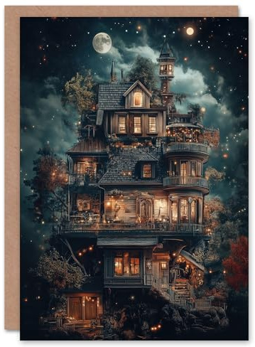Artery8 Greeting Card The Burrow Witch Home at Night Conceptual Art Blank For Him Or Her Art Birthday Card