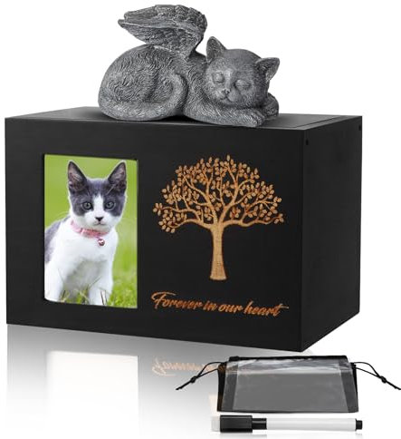 Vehipa Tierurnen für Hunde Holz Hundeurne mit Katzenengel und Aschebeutel,Haustierurne mit Fotorahmen,Gedenkbox für Asche Hund und Katze,Schwarz 18x12x12cm