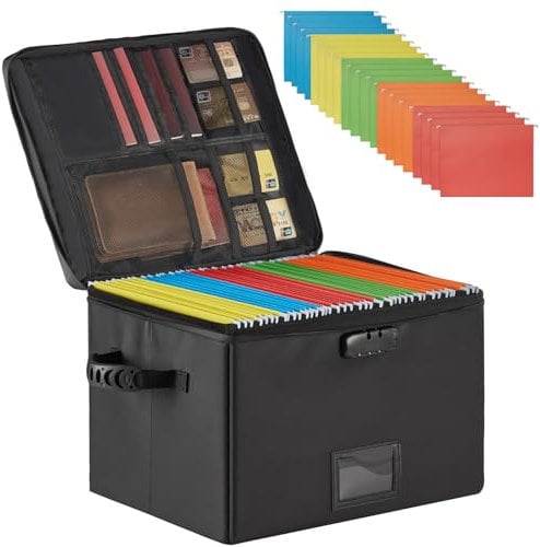 Fireproof Document Box, Fireproof File Boxs with Lock, Collapsible Storage Boxs with Zippers and Inserts Bag, Portable Home Office Safe Box for Letter/Legal Folder Pink (With Suspension Files)