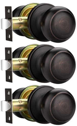 EHOMEWARE Bronze Door Handle 3 Pack, Passage Door Knobs Interior No Lock, Hallway/Closet Door Knobs, Keyless Round Door Knob, Universal for Left Right Handed Doors