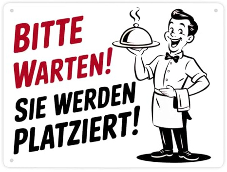 Fröhlicher Cartoon-Kellner - Bitte warten Metallschild XL in 21x28 cm lustiges Aluminiumschild für Restaurants