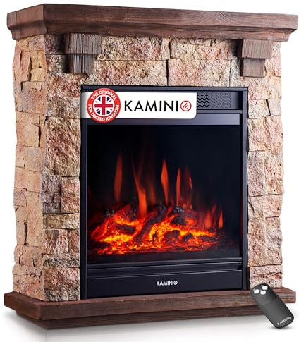 KAMINIO Camino elettrico Juan - Caminetto elettrico a pavimento in effetto pietra con riscaldamento, effetto fiamma 3D, telecomando (Beige)