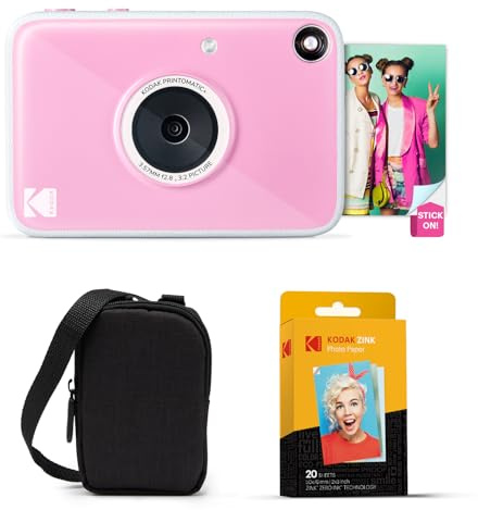 KODAK Printomatic+ Instant Print Digital Camera Starter Bundle + Carrying Case + Zink 20pk Sticky-Back Photo Paper - 10MP, Full-Color Photos, GB LED Status Indicator - Pink