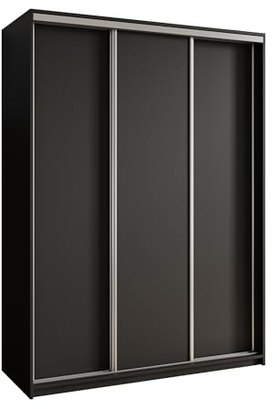 Masseno Schwebetürenschrank Nisse 150/205/60 cm Kleiderschrank mit Schubladen Schlafzimmer Schiebetürenschrank 3-türig Schwarz + Satin