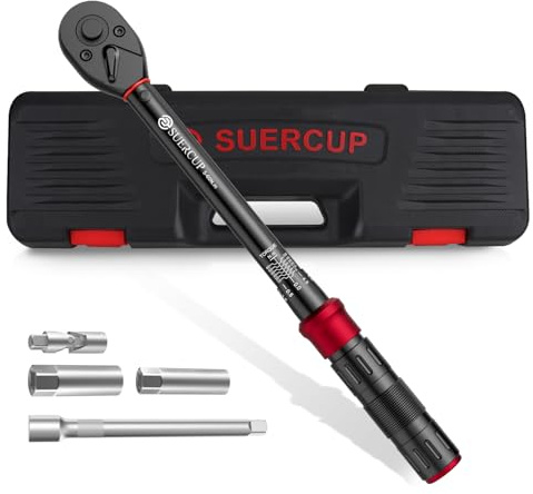 SUERCUP 3/8 Zoll Drehmomentschlüssel, 5-60Nm Drehmomentschlüssel Set 5-tlg | 125mm Verlängerung &3/8 Universalgelenk,14mm/16mm Magnetische Zündkerzenhülse,für Fahrrad, Moto, Auto