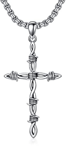 PDTJMTG Cross Necklace for Men Sterling Silver Barbed Wire Cross Pendant with Stainless Steel Chain