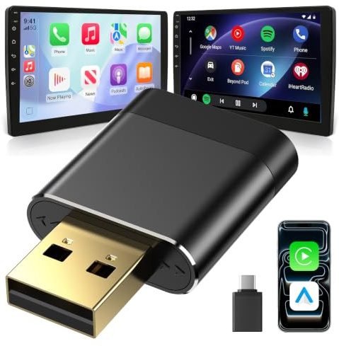 Mini Adaptateur CarPlay sans Fil pour Apple/Android Auto, Noir Ébène | Plug & Play, faible latence, connexion stable, compatible avec les écrans de tableau de bord, pour voitures à partir de 2016