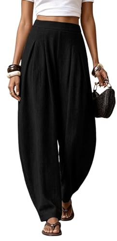 ziubauyke Womens Barrel Leg Trousers Cotton Linen Balloon Trousers Summer High Waisted Harem Trouser Ladies Wide Leg Palazzo Trouser Loose Fit Boho Baggy Lounge Pant with Pockets
