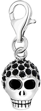 Quiges Charm Anhänger Schwarz Zirkonia 3D Schädel Totenkopf 925 Silber mit Karabinerverschluss für Bettelarmband