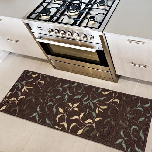 Ottomanson Ottohome-Kollektion Teppichläufer mit Gummirückseite und modernem Blätter-Design, 50 cm x 150 cm, Braun