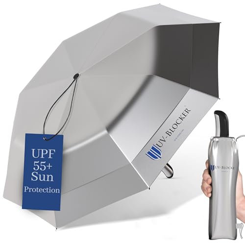 UV-Blocker Grand parapluie pliable avec protection solaire, résiste au vent, ouverture automatique, double couche ventilée, UPF 55+, bloque 99% des rayons UVA et UVB, 147,3 cm