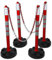 UvV Quad (4 Stück) Kettenpfosten + 10 m Absperrkette 6mm (rot-weiß) Kettenständer Absperrpfosten, Ø63 x 1000mm, Fußplatte ca. 4,5 kg, 3 Reflexfolien