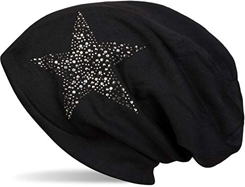 styleBREAKER Damen Beanie Mütze mit Strass Nieten Stern und Schmucksteine Silber-anthrazit, Slouch Longbeanie 04024087, Farbe:Schwarz