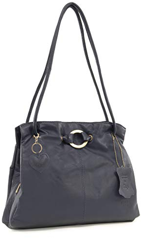 Gigi - Ladies Leather Shoulder Bag - Medium Tote Handbag With Multiple Compartments - With Heart Keyring Charm - Othello 4323 - Dark Blue/Navy