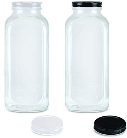 Crystal Country - Botella de leche de cristal con 2 pestañas extra sin derrames y marcadores de medición, diseño vintage Jugs de 32 onzas (juego de 2)