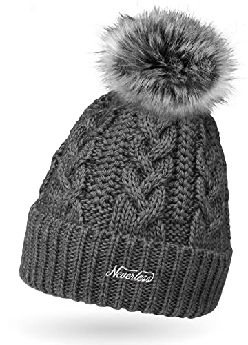 Neverless® Damen Strickmütze mit Pompom Zopfstrickmuster Bommelmütze gefüttert mit Fleece Wintermütze Model 1979 Dunkelgrau Unisize