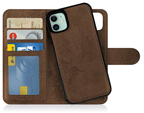 MyGadget Flip Case für iPhone 11 - [ abnehmbare Magnet Hülle ] - Handyhülle aus Kunstleder - [ Klapphülle mit Kartenfach ] Schutzhülle in Braun