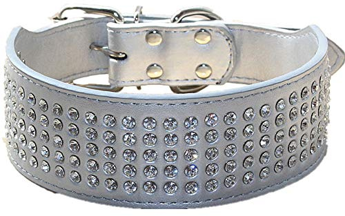 haoyueer Strass-Hundehalsband 5 cm Breite 5 Reihen Vollständig Funkelnde Kristall Diamanten Schimmerndes Funkelndes Elegantes Ausgefallenes PU-Leder-Hundehalsband für Mittlere & Große Hunde (M, Silber