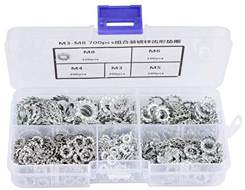 Rondella zigrinata 700pcs, M3 dentata zincata M3/M4/M5/M6/M8 Rondella di sicurezza Assortimento Set Set piatto Strumento di fissaggio, Rondella di sicurezza