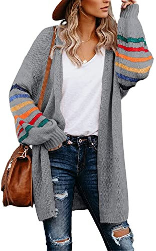 AlvaQ Women's Cardigans Long Sleeve Open Front Rainbow Striped Color Block Loose Casual Womens Oversized Cardigan Ladies Long Lightweight Knit Outwear Coat Jacket Sweaters Grey L UK 14 16