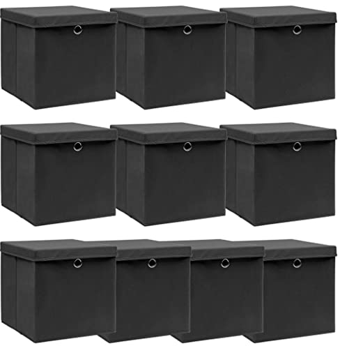 vidaXL 10x Aufbewahrungsbox mit Deckel Zusammenklappbar Spielkiste Regalkorb Faltkiste Korb Kinderbox Box Kiste Schwarz 32×32×32cm Stoff