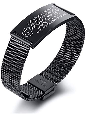 Pulseras de alerta médica para hombres mujeres ajustable, acero inoxidable pulsera de identificación médica de emergencia personalizable