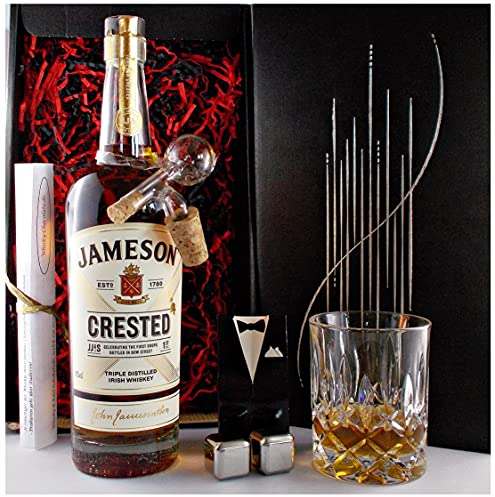 Geschenk Jameson Crested irischer Whiskey + Glaskugelportionierer + Whisky Glas + 2 Whisky Kühlsteine