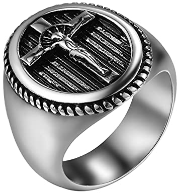 JewelryWe Kreuz Ring Siegelring Herren: Silber Edelstahl Herren-Ring Jesus Christus Kruzifix Fingerring Christlicher Religiöser Kreuzring Band Katholischer Schmuck Geschenk für Männer Größe 57