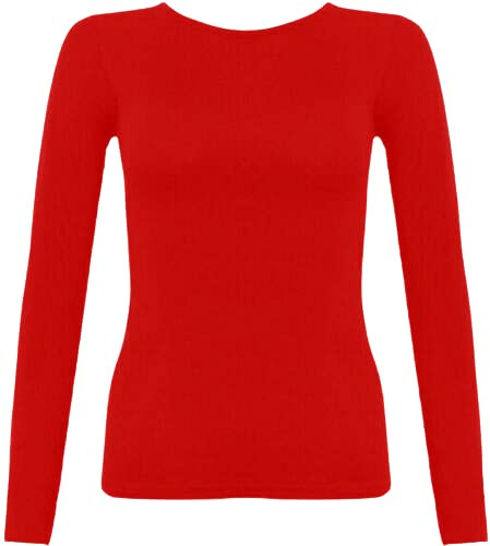 New Ladies Long Sleeve Round Neck Plain Basic Women's Stretch T-Shirt (Red, 14)