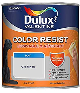 Dulux Valentine Color Resist Pièces à Vivre - Peinture Intérieure Murs, Plafonds, Boiseries - Lessivable et Résistante - Couleur : Gris Tendre - 0,5 L