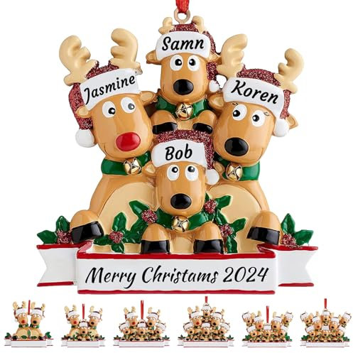 Personalised Deer Christmas Tree Ornament Family of 2,3,4,5,6,7,8 Name Cute Santa Reindeer 2024 Christmas Decoration Xmas Gift-Family of 4