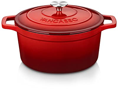 vancasso Casserole en fonte avec couvercle, batterie de cuisson hollandaise émaillée naturelle antiadhésive, avec couvercle à bouton en acier inoxydable, cocotte en fonte pour pain à vapeur, 26CM)
