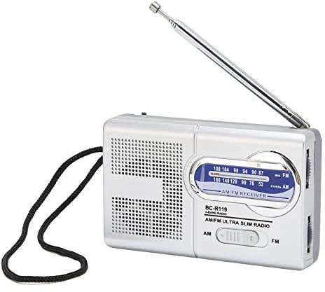 Battery Operated Radio, Silver Gray Battery Radio Portable Radio Alarm Clock Am/fm Pocket Radio with 3.5mm Interface for Hiking Cycling Trips