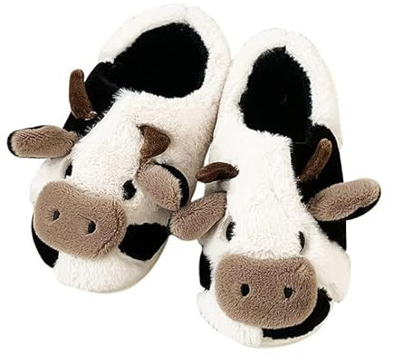 MoneRffi Damen Kuh Hausschuhe Winter Plüsch Warme Kuschel Flauschige Cartoon Hausschuhe Lustige Kawaii Cow Pantoffeln Rutschfeste Cozy Kuh Schlappen Indoor für Herbst Winter(B-Schwarz,EU39-40)
