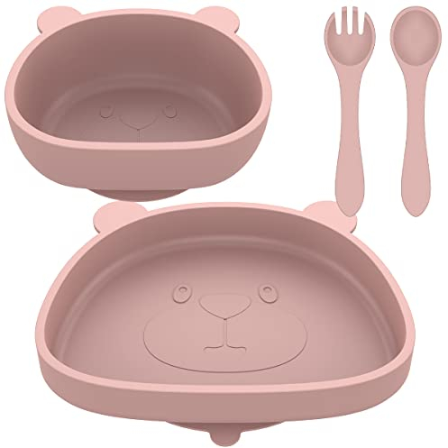 AoHao 4pc Baby Teller Mit Saugnapf, Breischale Baby Silikonteller rutschfest Bpa Frei Kinderteller Kinderschüssel Babylöffel Baby Gabel Flexible Baby Geschirrset Waschbar Mikrowelle Sicher(rosa)