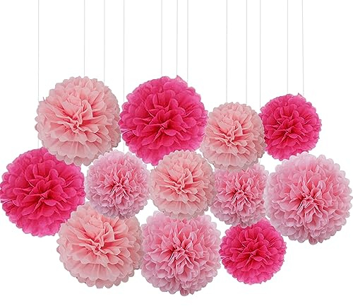 Ainmto 12 Pièces Pompons en Papier de Soie Rose,Pompons Déco Suspendues pour mariage et anniversaire fête