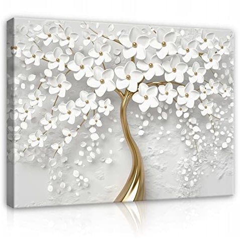 Impression Sur Toile Abstraite Fleurs - Motif Arbre Doré Et Blanc - 100 x75 cm - Grande Toile - Xxl - Tableau Decoration Murale Pour Chambre À Coucher Salon - Prêt À Être Accroché